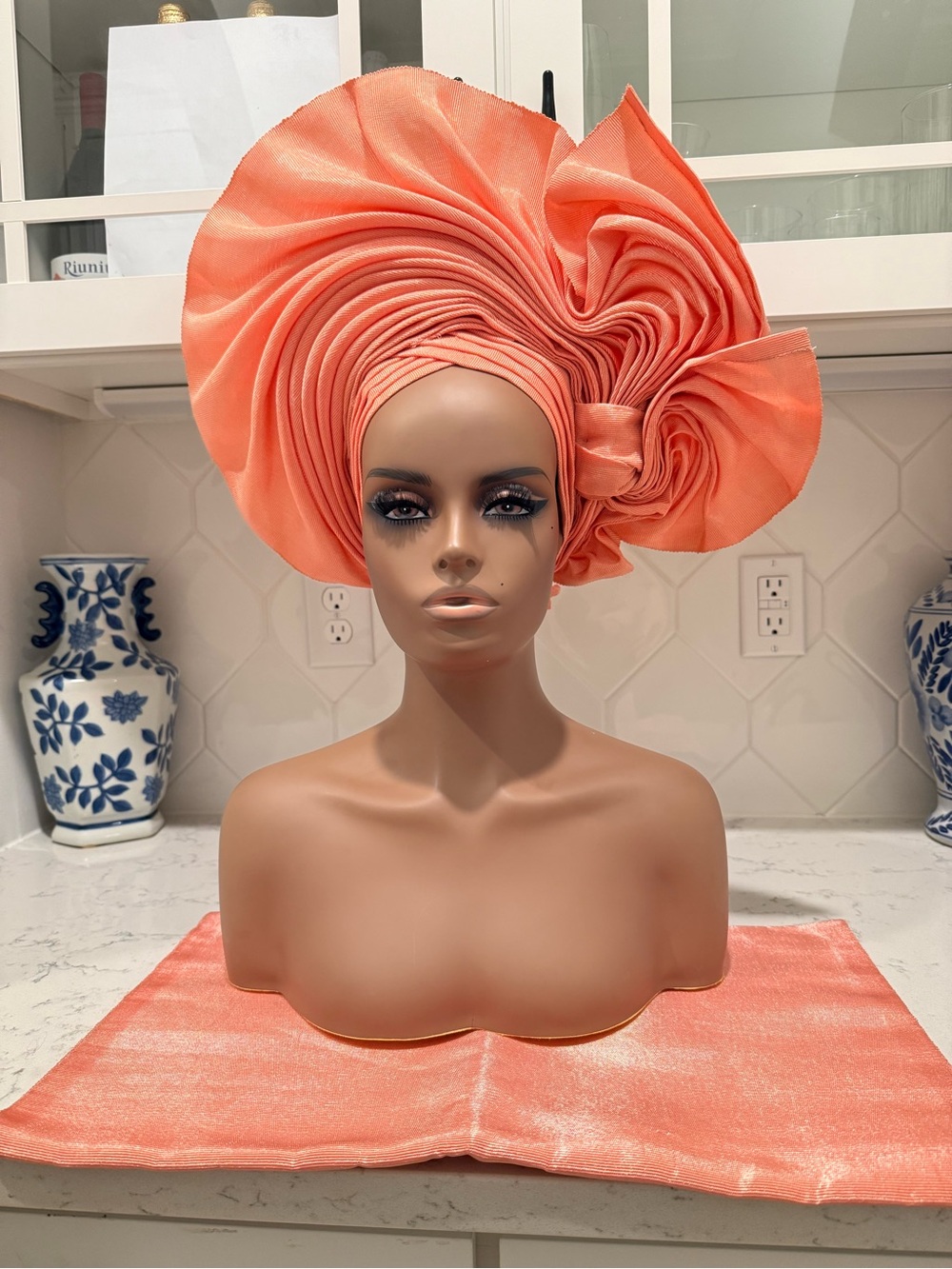 Peach Traditional African Aso-Oke/Kente Auto Gele 2p Set Gele and Ipele